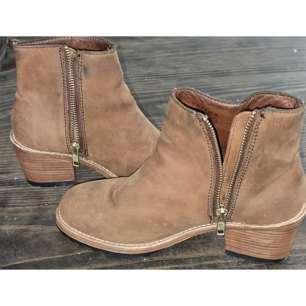 Patina Tan Leather Block Heel Ankle Booties Size 7
